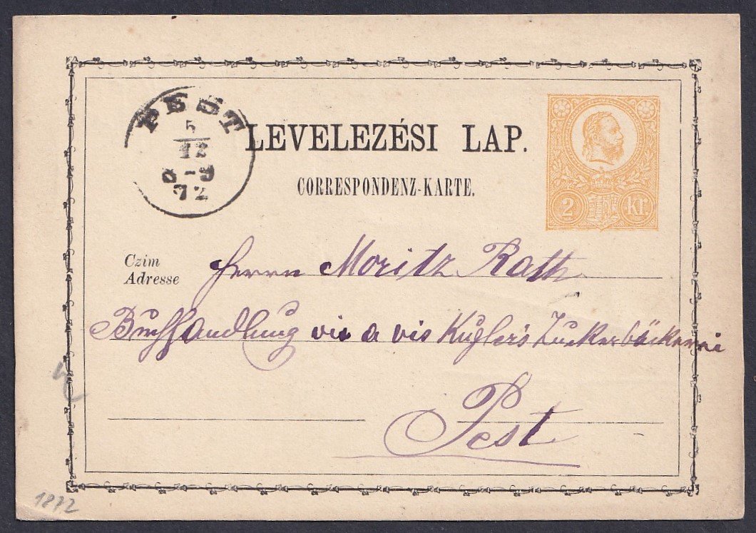 1872, Nagyvázsony – Pestre feladott levelezőlap érkezési bélyegzéssel, bélyegzés nélkül – különleges postatörténeti darab