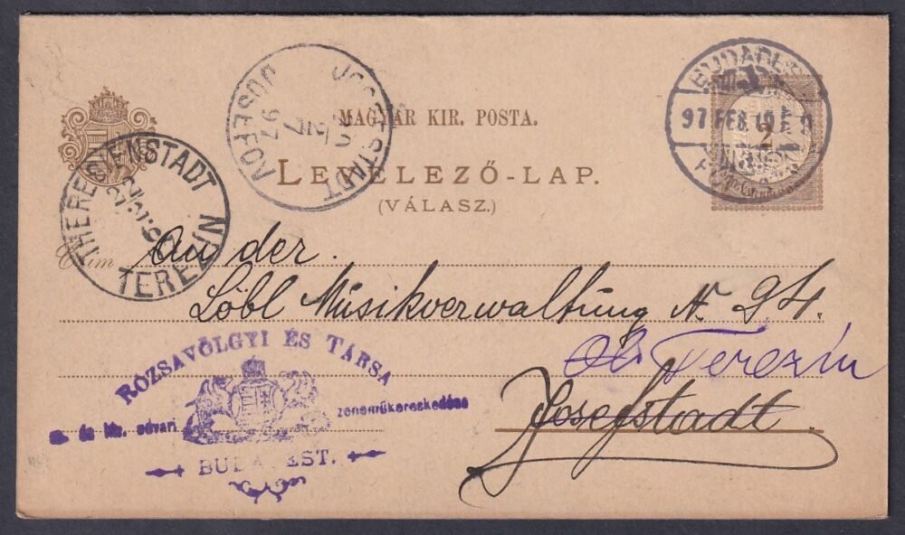 1897. Budapest, Josefstadt-ba feladott válaszos levelezőlap - válaszlappal együtt! - tovább küldve Terezin-be, látványos kiállítási darab!