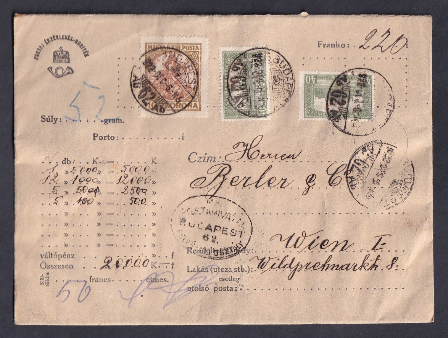 1922. Budapest, Bécsbe feladott értéklevél – 6 díjsz.