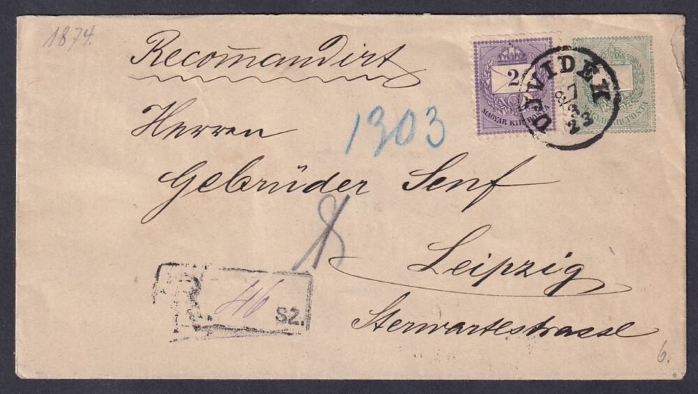1887. Újvidék–Leipzig-be feladott ajánlott levél – hátoldalon 10 kr hiány, ritka kékeslila 2 kr díjkiegészítés