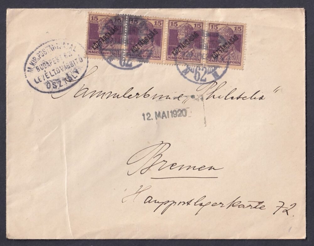 1920. Budapest, Bremen-be feladott nyomtatvány boríték