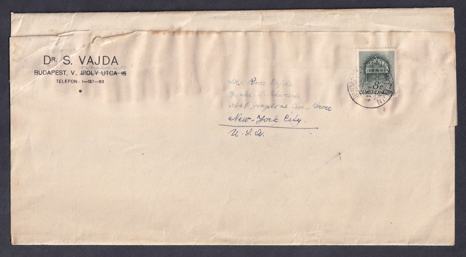 1941. Budapest, New-York-ba feladott címszalag-nyomtatvány küldemény, egyes bérmentesítéssel