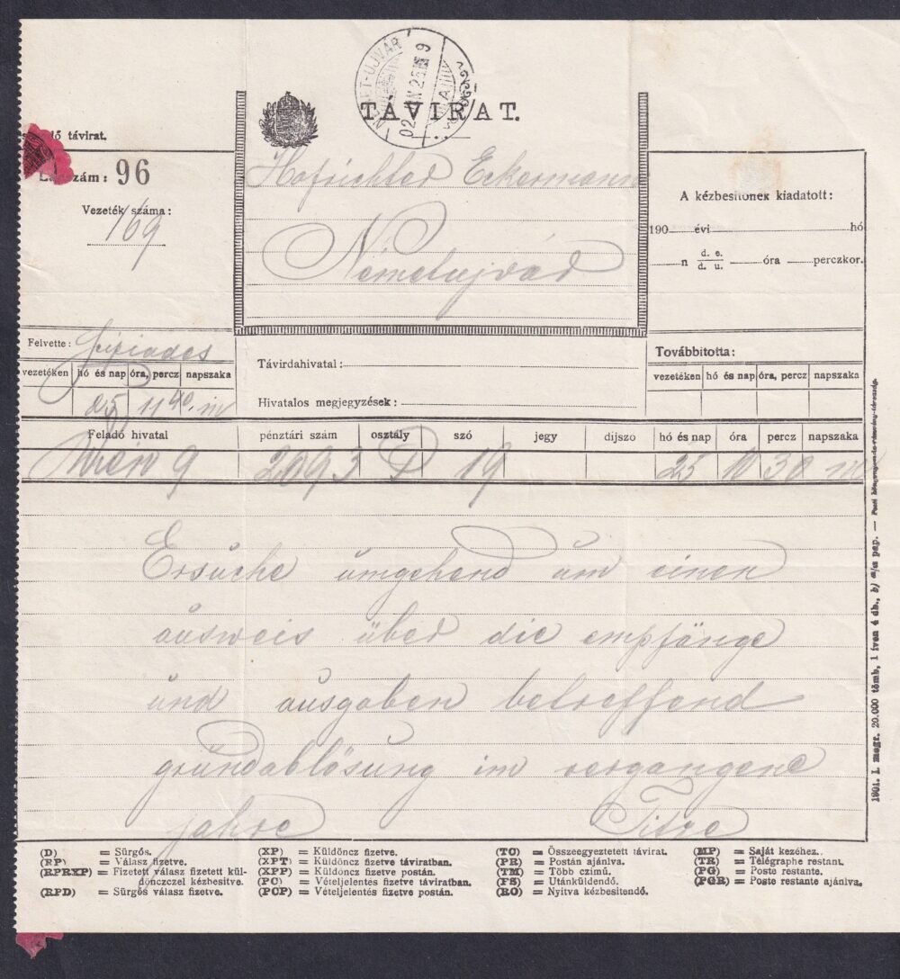 1902. Bécsből Németújvárra fekadott  Távírat,