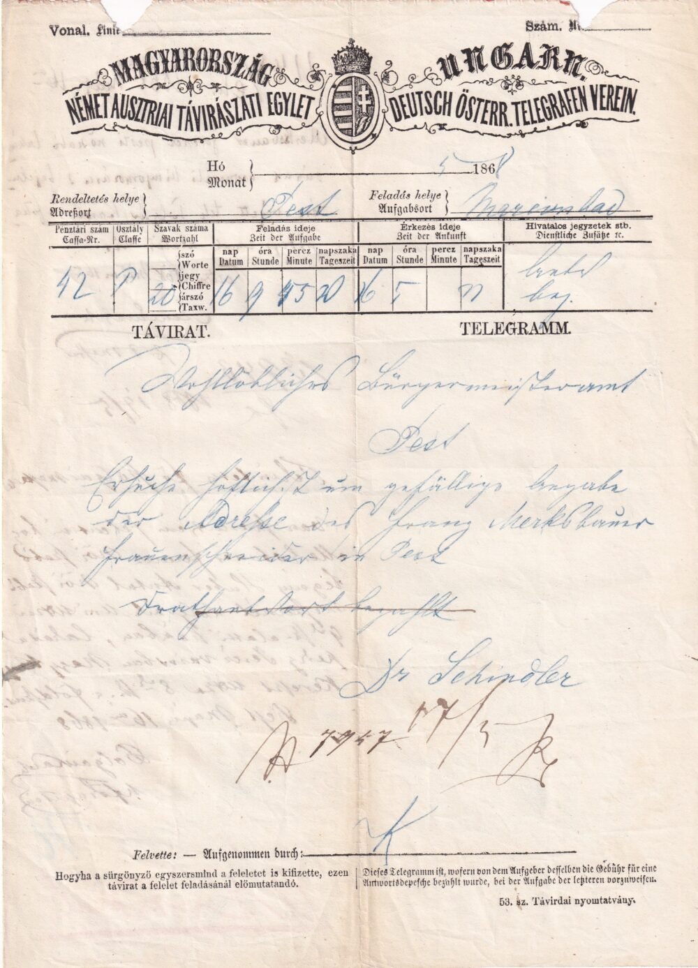1868. Nyíregyházáról Pestre küldött Távírat, rendörségi jelentés, érdekes tartalommal (Lásd lejebb a leírást)