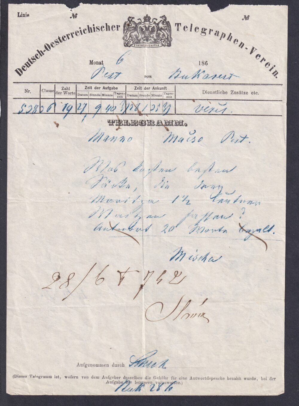 1874. Bukarestről Pestre feladott távirat, Mačsó & Manno cégnek, osztrák nyomtatvány szükségfelhasználással!