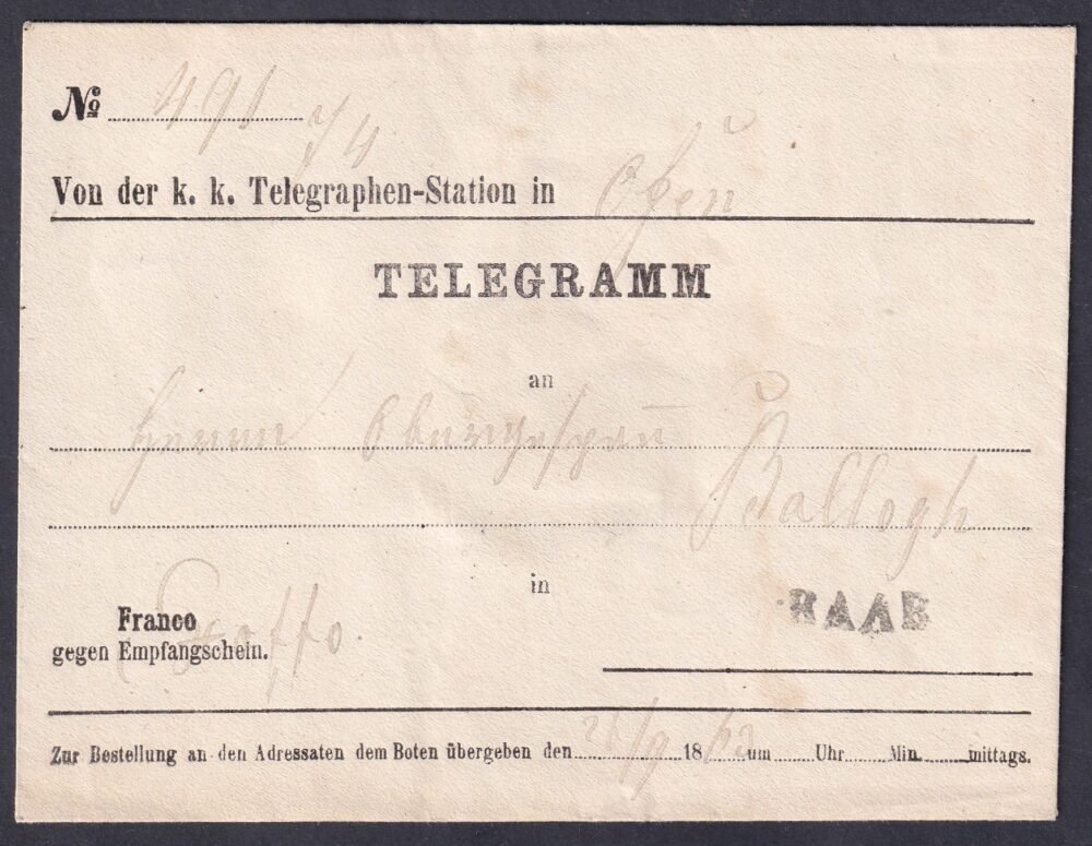 1863. Ofen (Buda) RAAB (Győr) ex offo Távírat boríték - nagyon jó állapotú RAAB rávírda viaszpecséttel!