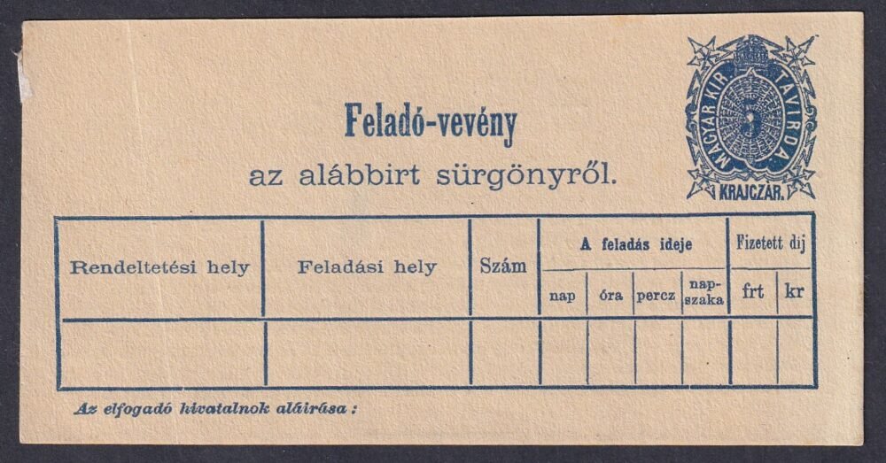 1874. Távírati sürgöny feladóvény /b típus/