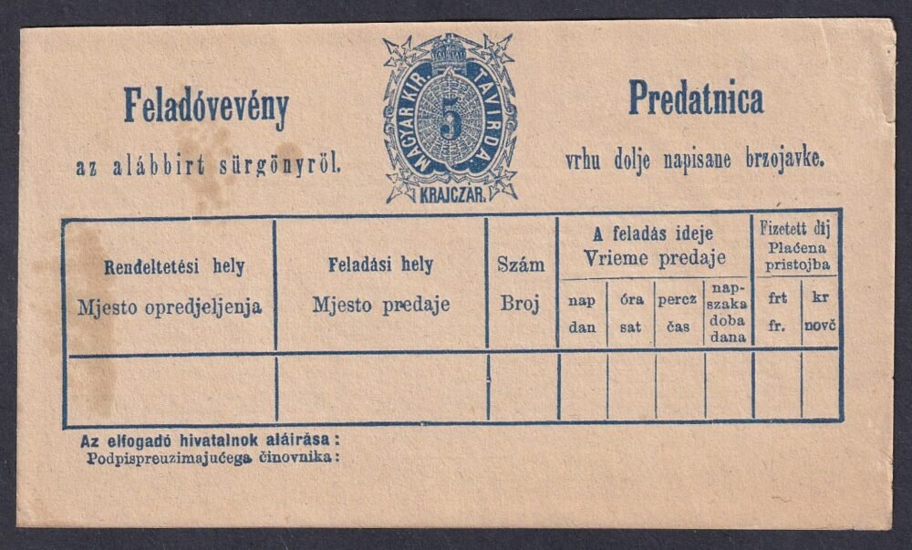 1874. Távírati sürgöny feladóvény /a tíous/