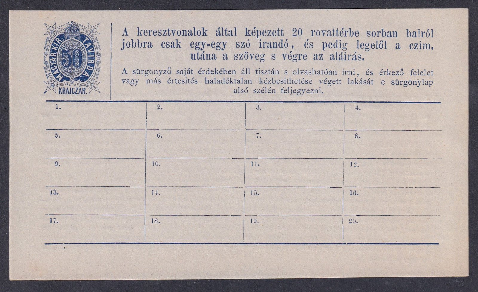 1873. Távírati sürgöny feladóvény