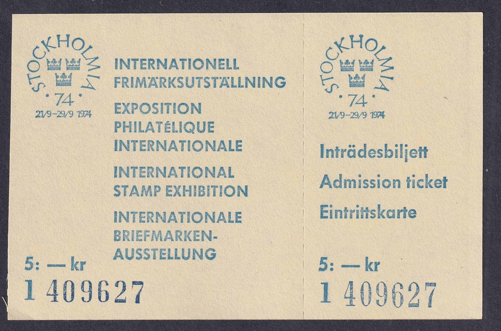 Svédország 1974 Stockholmia bélyegkiállítás belépőjegy