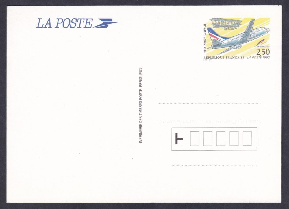 1992. Franciaország, használatlan díjjegyes levelezőlap - "Nancy – Lunéville” az első repülőposta-kísérlet Franciaországban