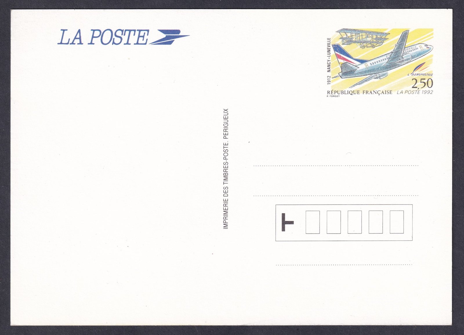 1992. Franciaország, használatlan díjjegyes levelezőlap - "Nancy – Lunéville” az első repülőposta-kísérlet Franciaországban