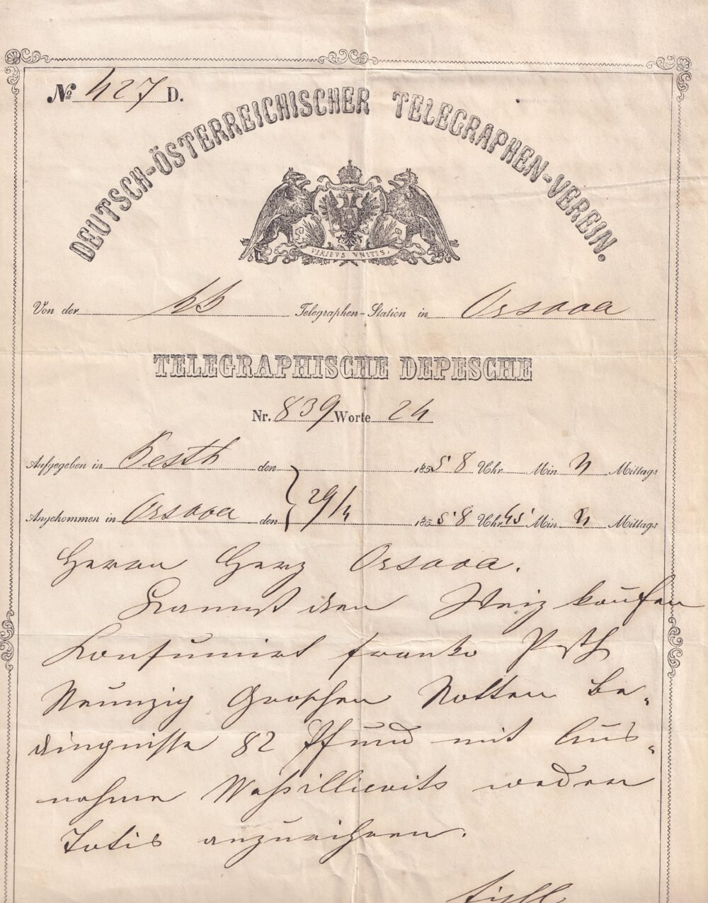 1858. 4. 23. Pestről Orsovára küldött távirat – korai darab, 1857. XI. 24-én megnyílt Pest–Szeged–Temesvár fővonal (Ritka nyomtatvány típus, kiállítási minőségben!)