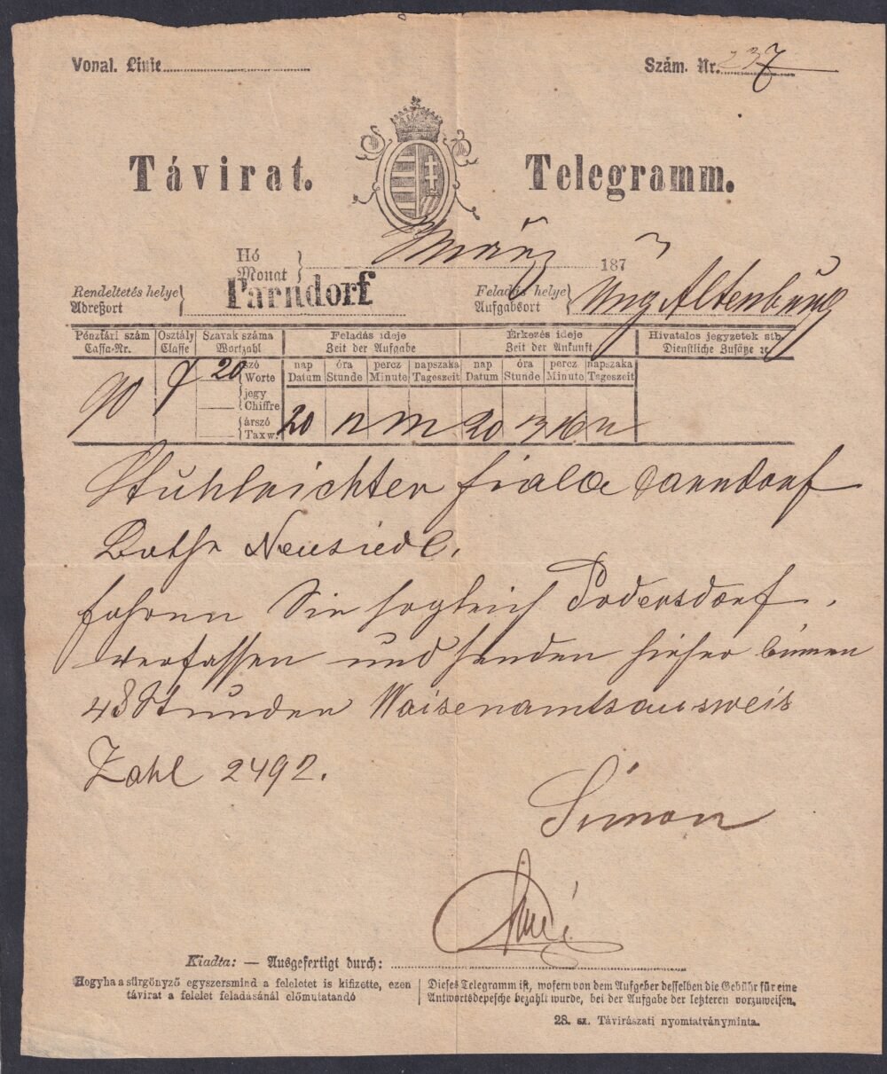 1873. Ung. Alteburgból Pandorfra feladott Távírat