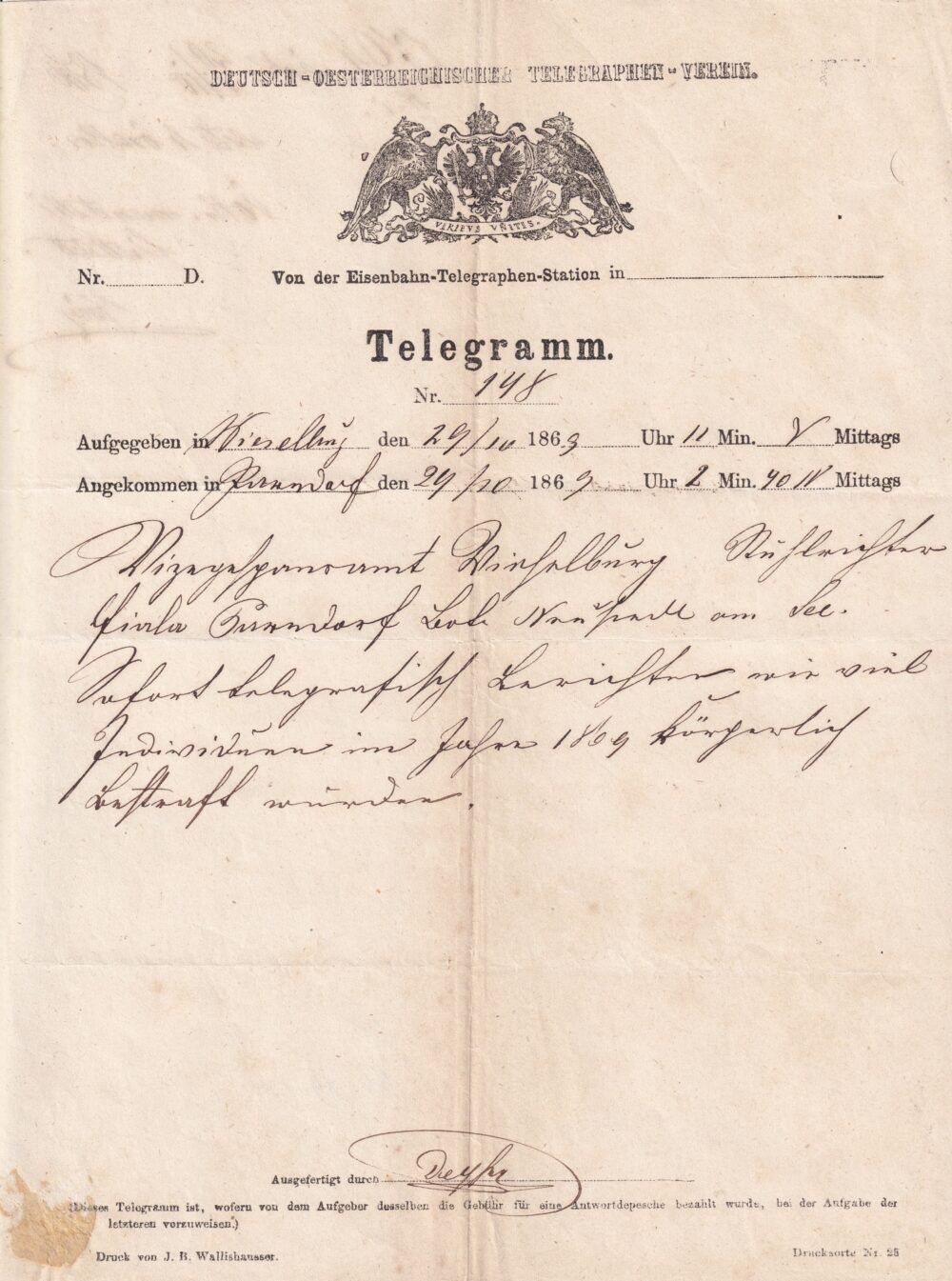 1869. Wieselburg-ról Pándorfaluba küldött Távírat - nagyon szép kiállítási darab!