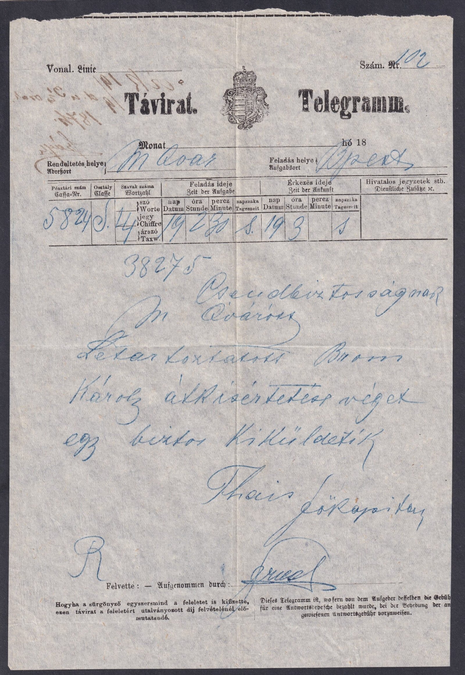 IMG_20250924_0026 1874. Budapestről Monorra küldött rendőrségi távirat – Thaisz András rendőrfőkapitány (1873–1884) jegyzésével