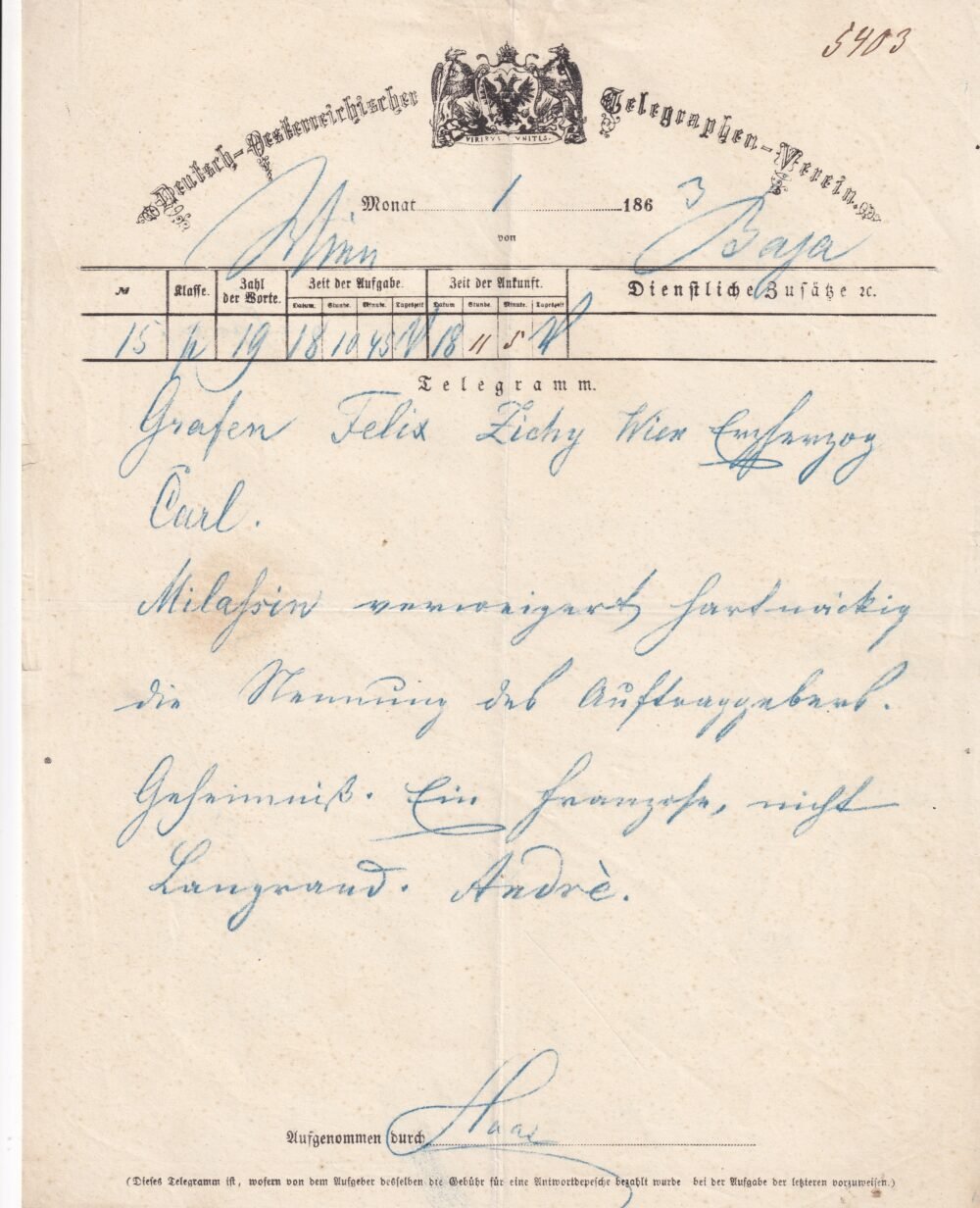 1863. Bécsből Bajára küldött Távírat - kiváló minőségű kiállítási darab