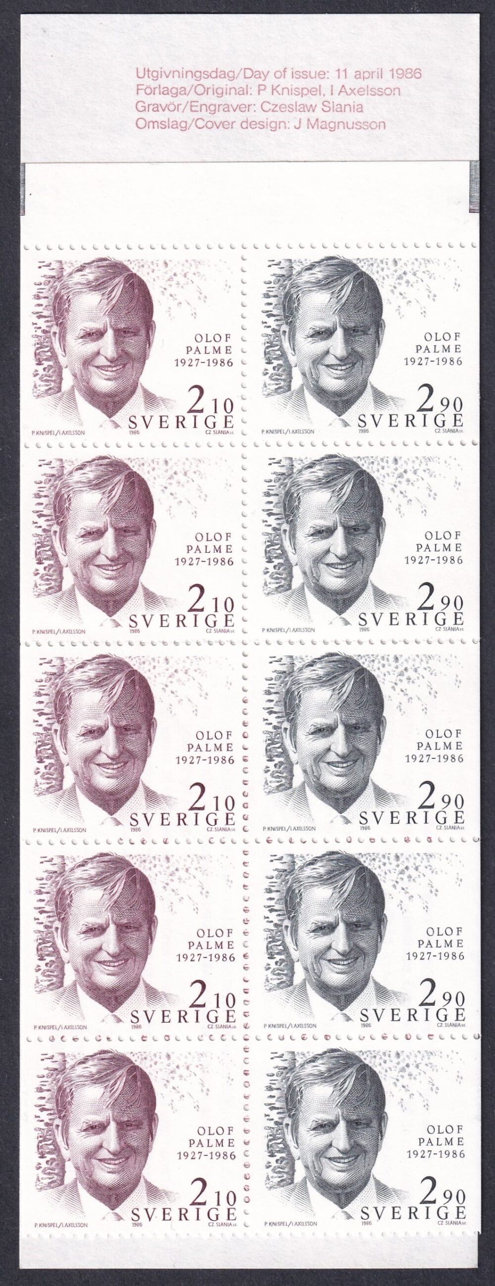 1986. Svédország, Olof Palme bélyegfüzet