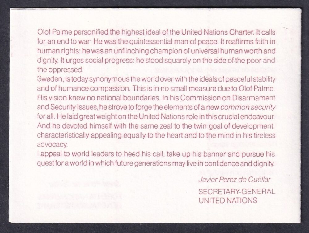 1986. Svédország, Olof Palme bélyegfüzet