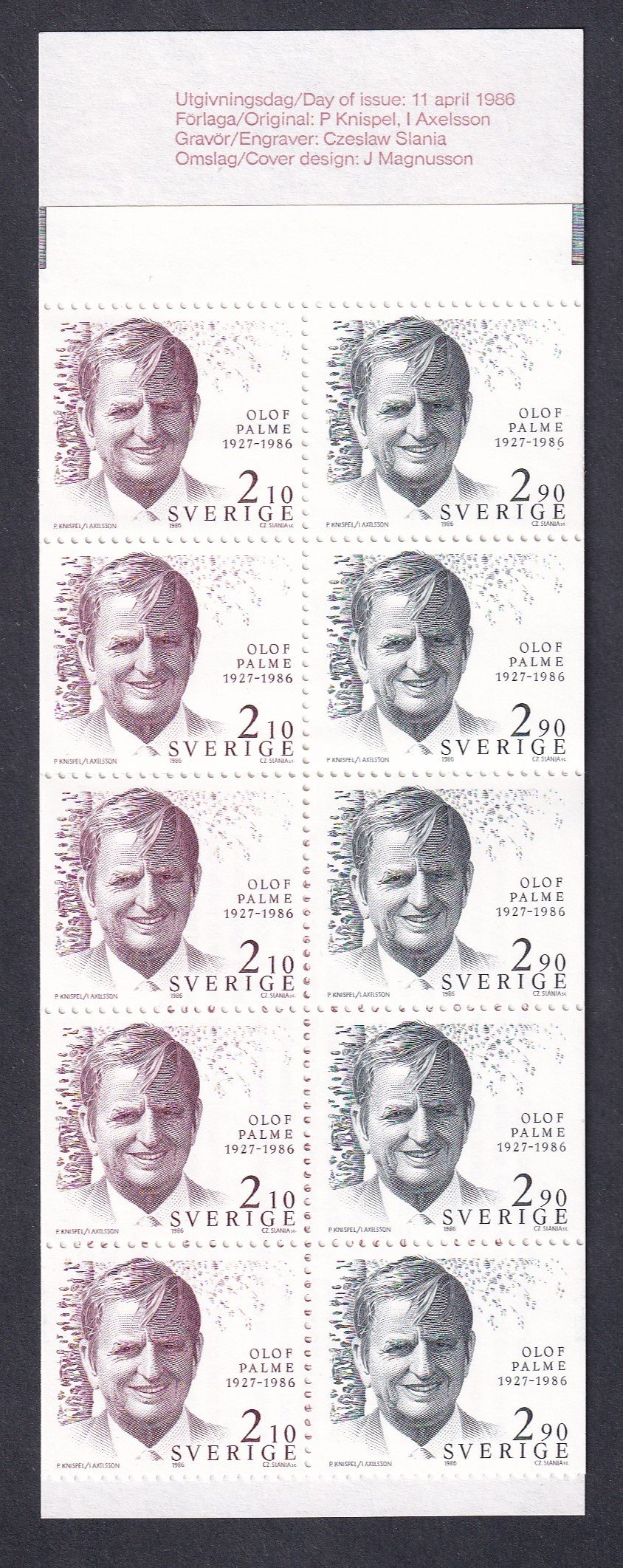 1986. Svédország - Olaf Palme miniszterelnök bélyegfüzet