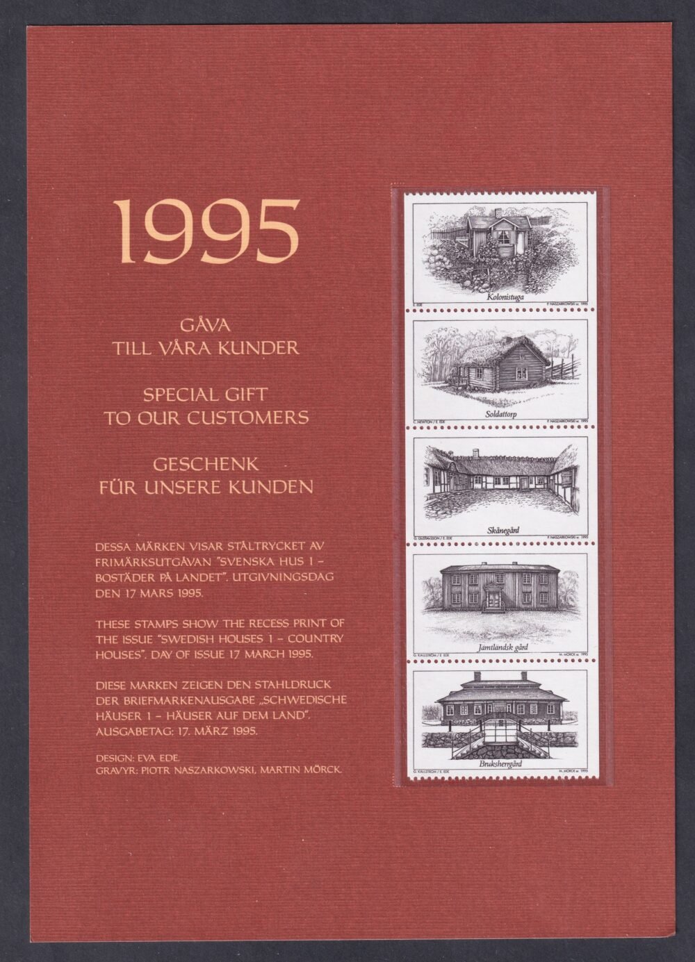 1995. Svédország, Vidéki lakóházak sor - feketenyomat emléklapon