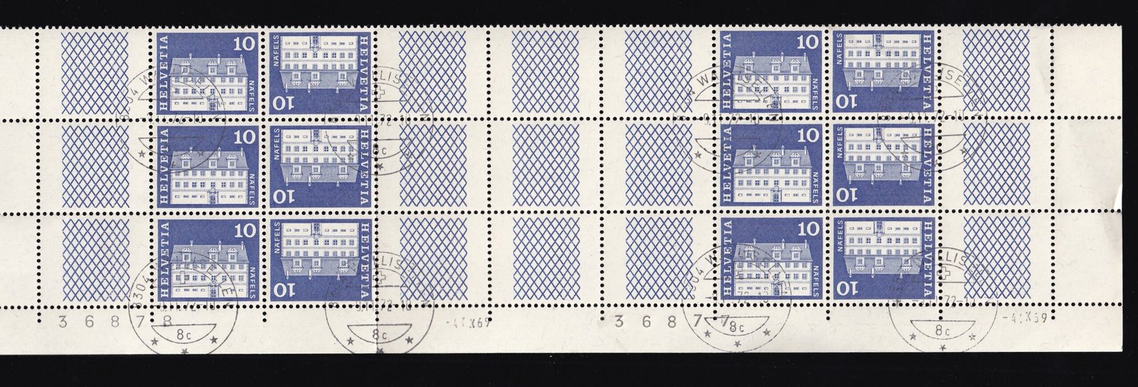 1972. Svájc. 10 c névértékű bélyeg alkalmi bélyegzéssel, ívszéli fordított (tête-bêche) párok csíkban, 1+3+1 elrendezésben, ívközéprésszel