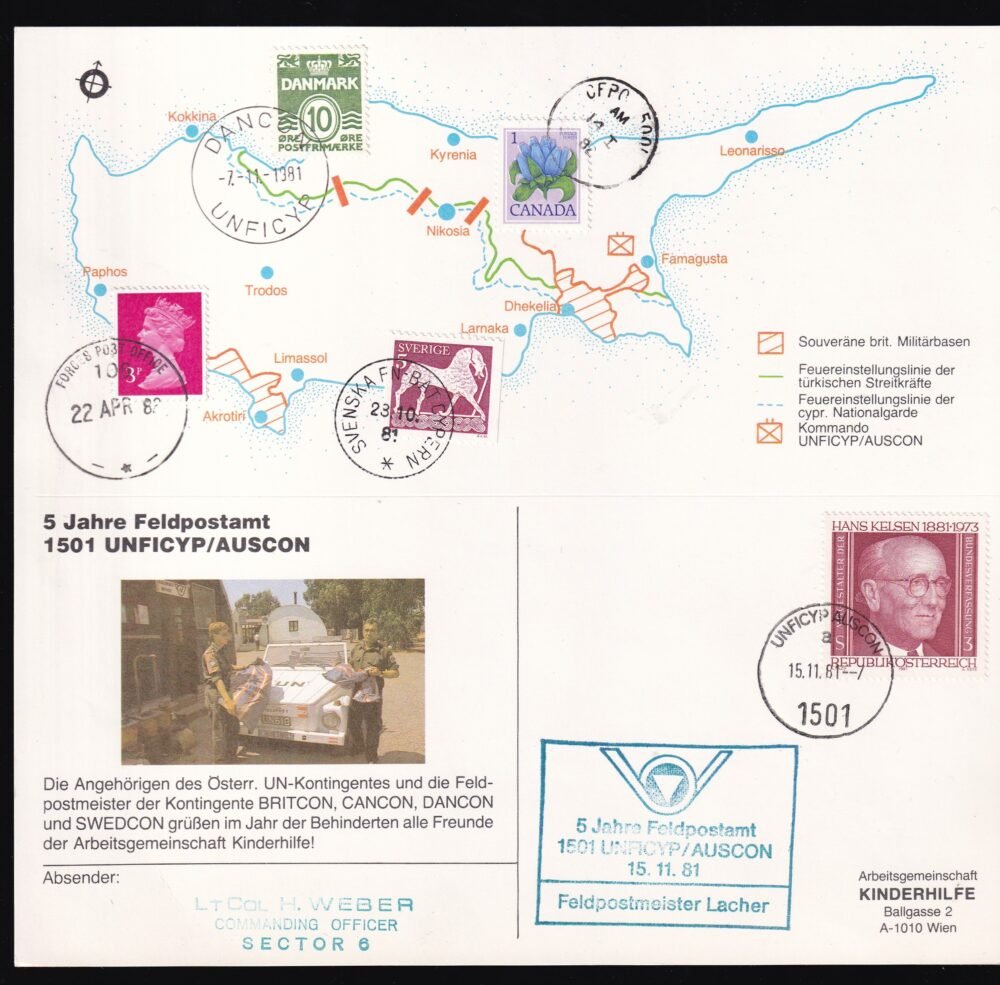 „5 Jahre Feldpostamt 1501 UNFICYP/AUSCON” feliratú, fényképes emléklap az ENSZ ciprusi missziójából. A képen az osztrák UN-kontingens és a BRITCON, CANCON, DANCON és SWEDCON feldpostamesterei láthatók. A kísérőszöveg a „Fogyatékkal Élők Évében” . Több ország bélyegeivel