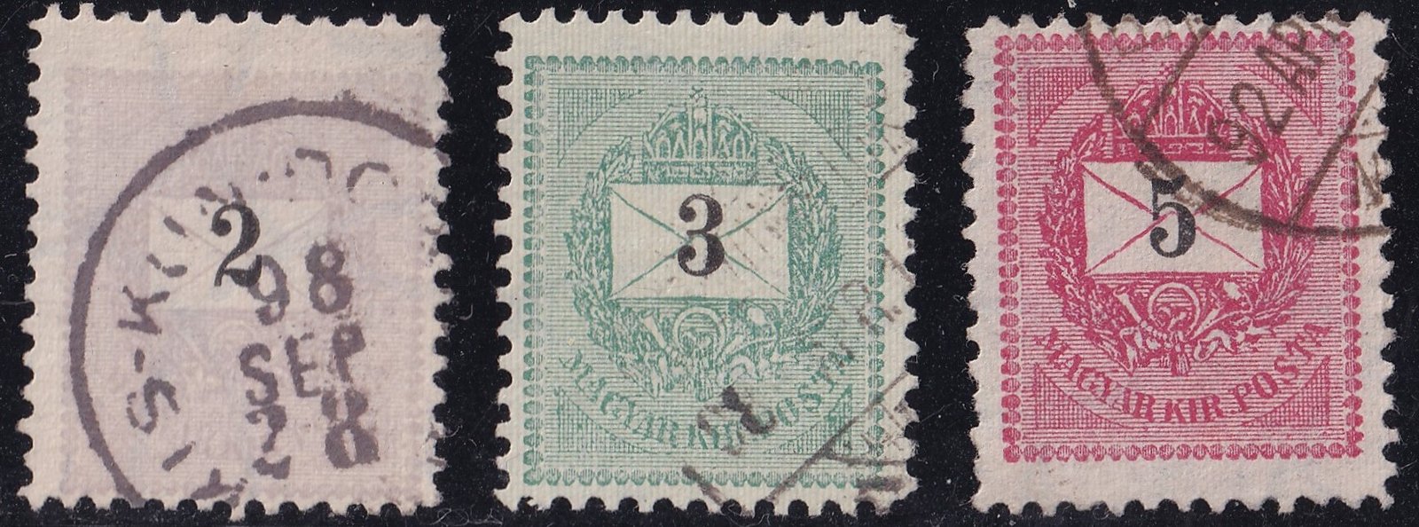 1889. Feketeszámú sorfogazású 2, 3 és 5 kr-os ritka darabok!