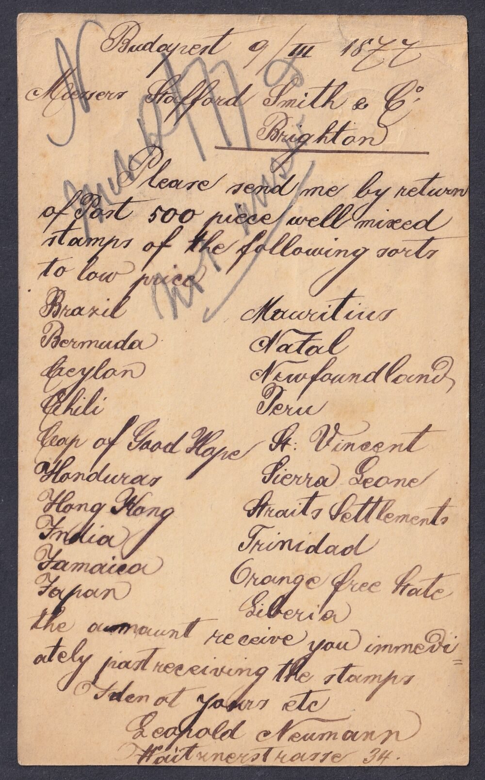 1877. Budapest, Angliába feladott levelezőlap