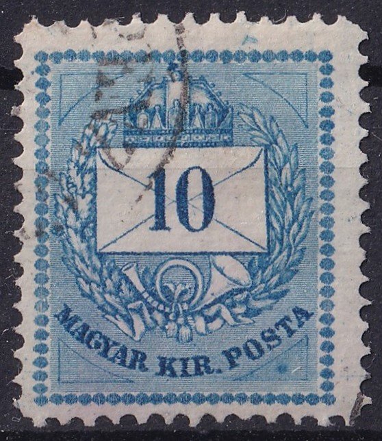 1874. 10 kr 12,3/4x13,1/4 - a jobb alső háromszögben színes folt (lemez kitörés)