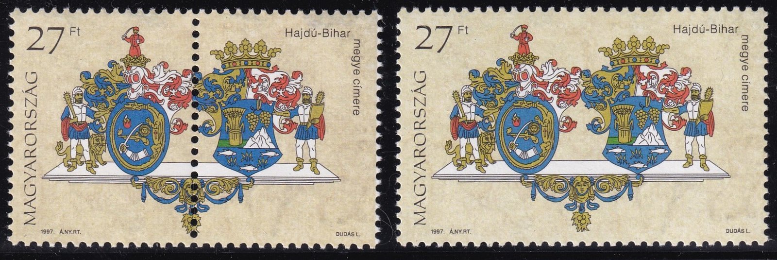 1997. Budapest és megyék címerei - blokkból kitépet 27 Ft normál és középen fogazott változattal