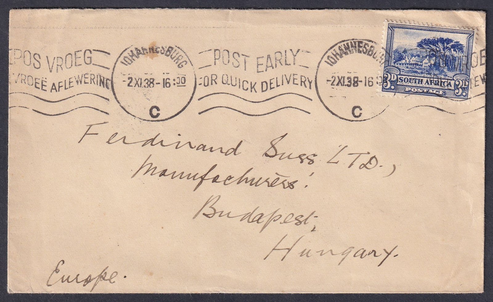 1938. Dél-Afrika, Magyarországra feladott levél