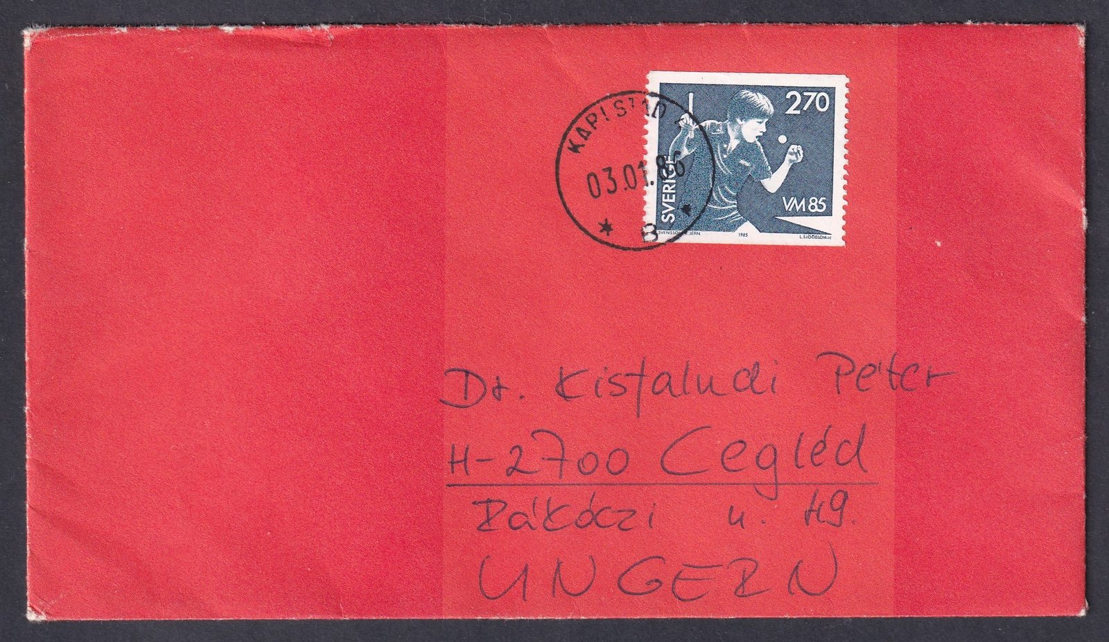 1986. Svédország, Magyarországra feladott levél - asztalitenisz motívum bélyeggel