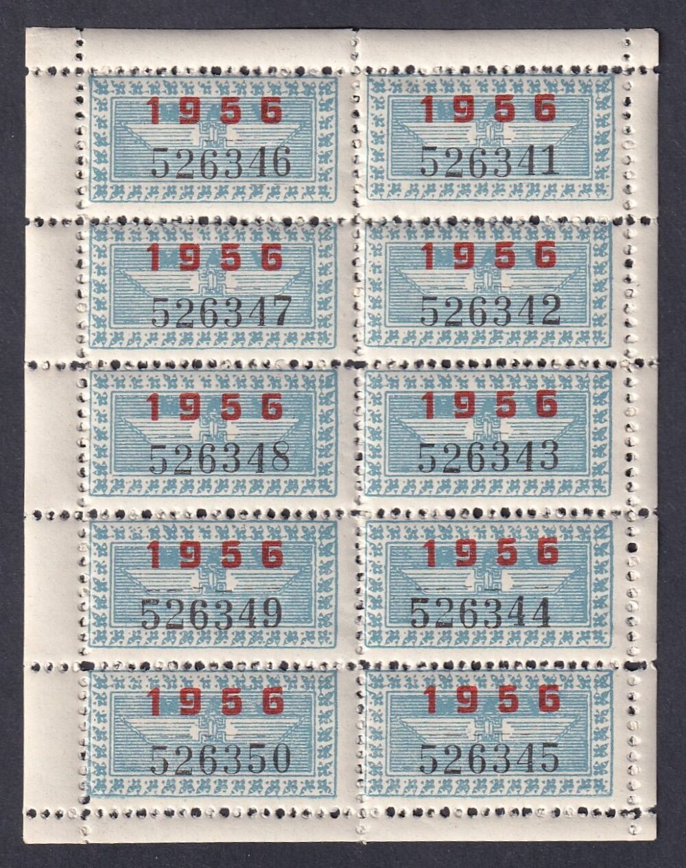 1956. MÁV – vasúti bérlet-igazolvány érvényesítő bélyeg, teljes kisív