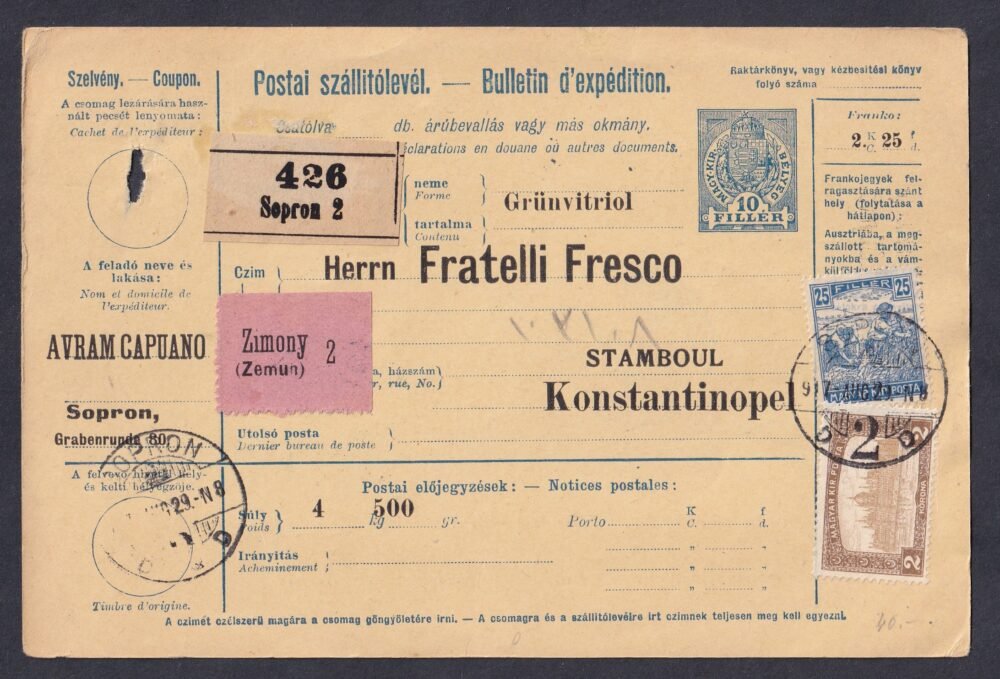 1917. Zimony, Konstantinápolyba feladott szállítólevél