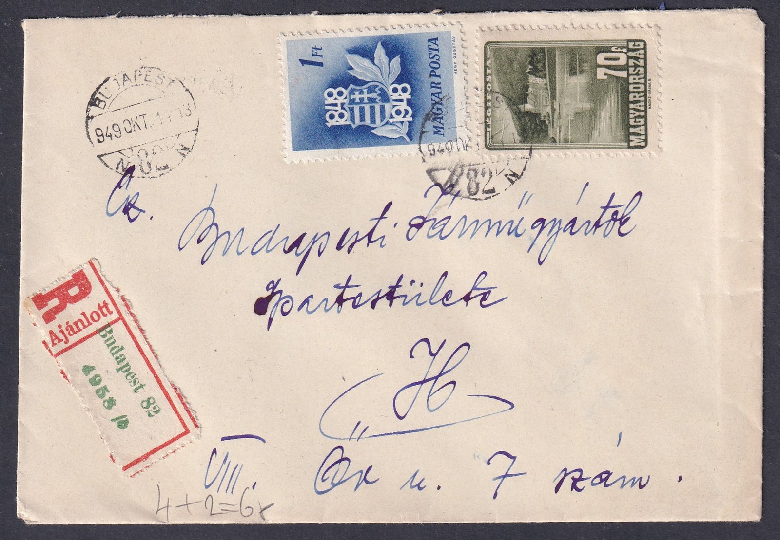 1949. Budapest, helyi ajánlott levél