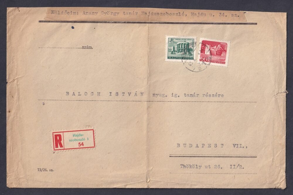 1960. Hajdu-Szoboszló, Budapestre feladott 2. súlyfokozatú ajánlott levél