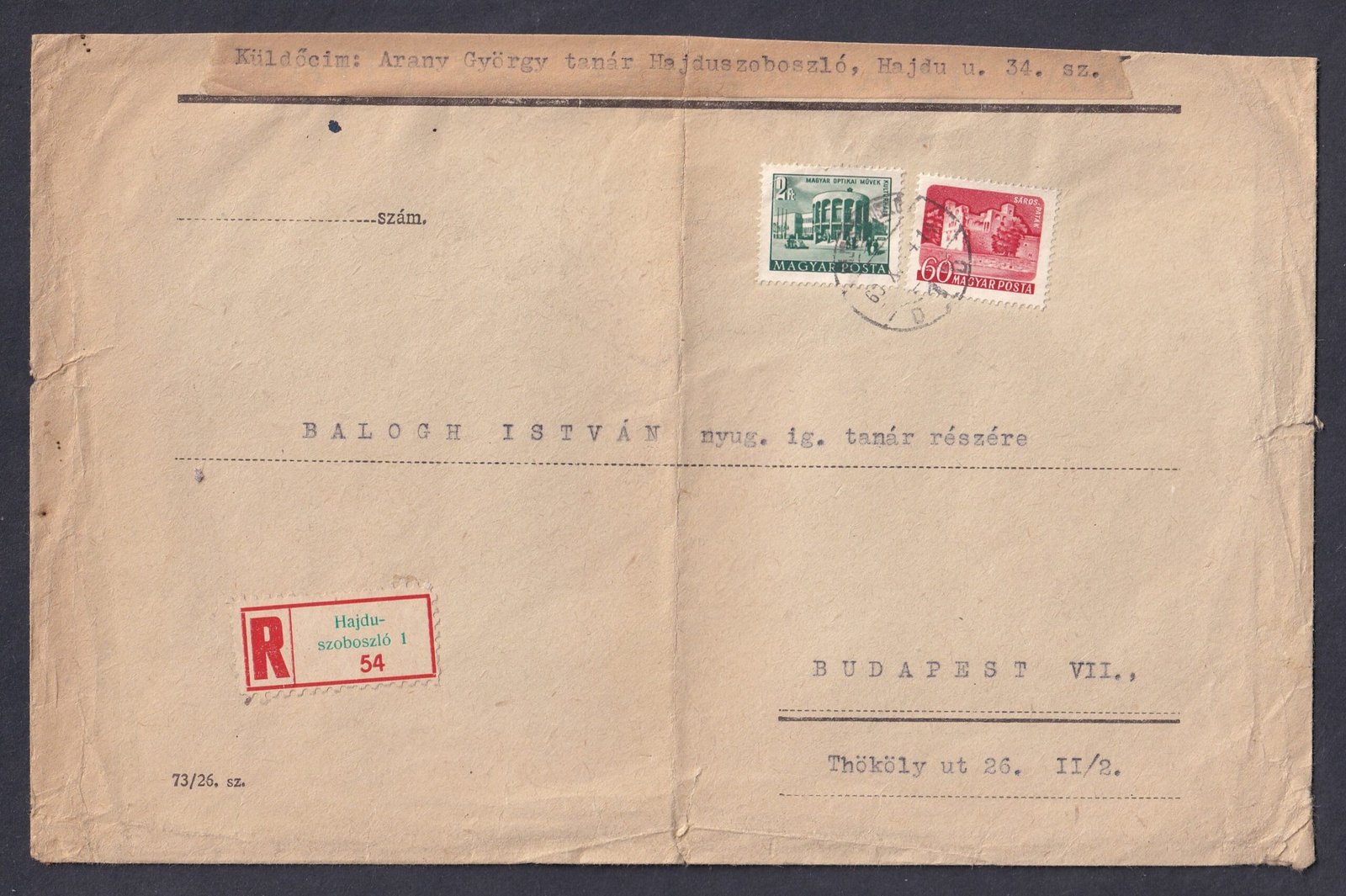 1960. Hajdu-Szoboszló, Budapestre feladott 2. súlyfokozatú ajánlott levél