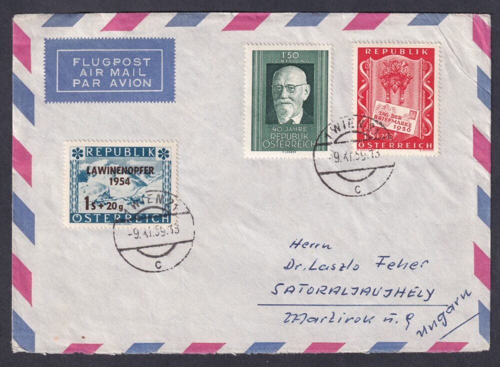 1959. Ausztria – Magyarországra feladott levél, lavinabaleset-segélybélyeggel!