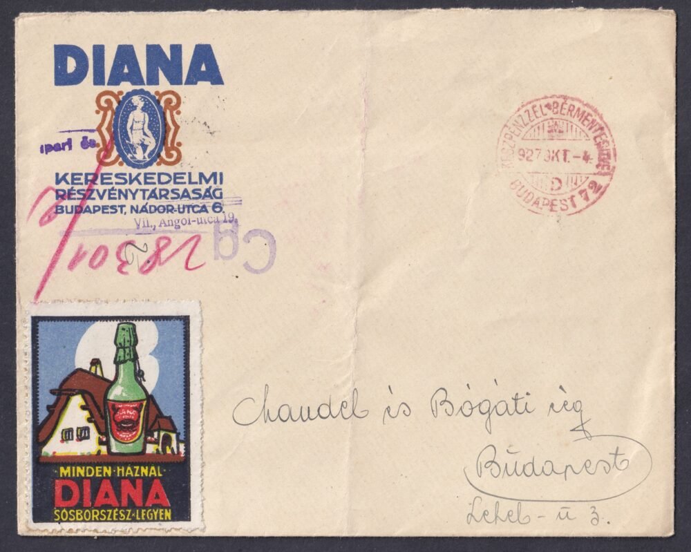 1927. Budapest – helyben, készpénz-bérmentesítéssel feladott, dekoratív céges boríték reklámlevélzáróval.