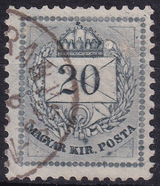 1881. 20 krajcár /E/ fésűs fogazású bélyeg – ismétlődő lemezhiba (bal alsó háromszög)