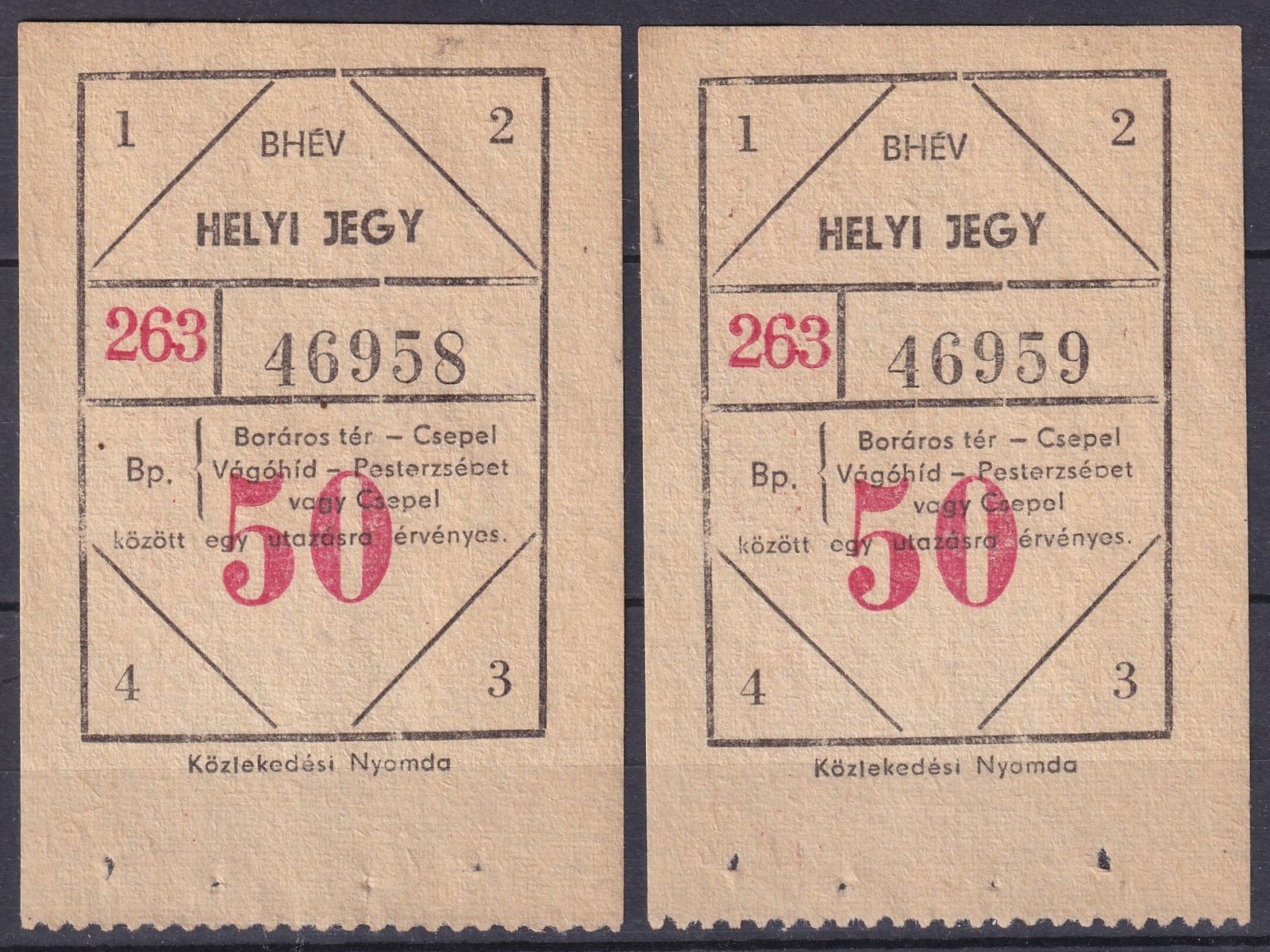 BHÉV - Helyi jegy 2 db használatlan sorszámkövető