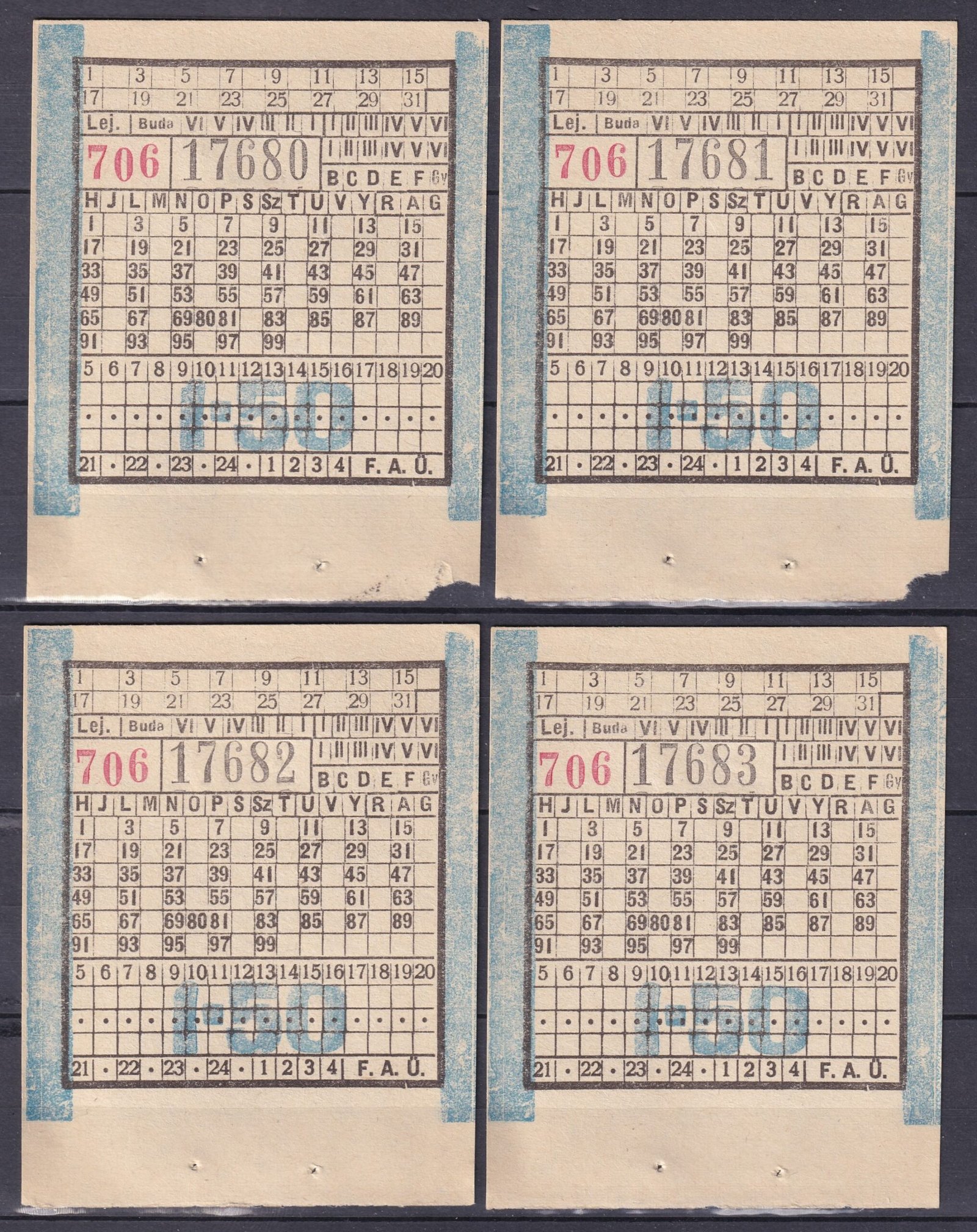 FAÜ - Autóbusz átszállójegy - 4 db használatlan sorszám követő