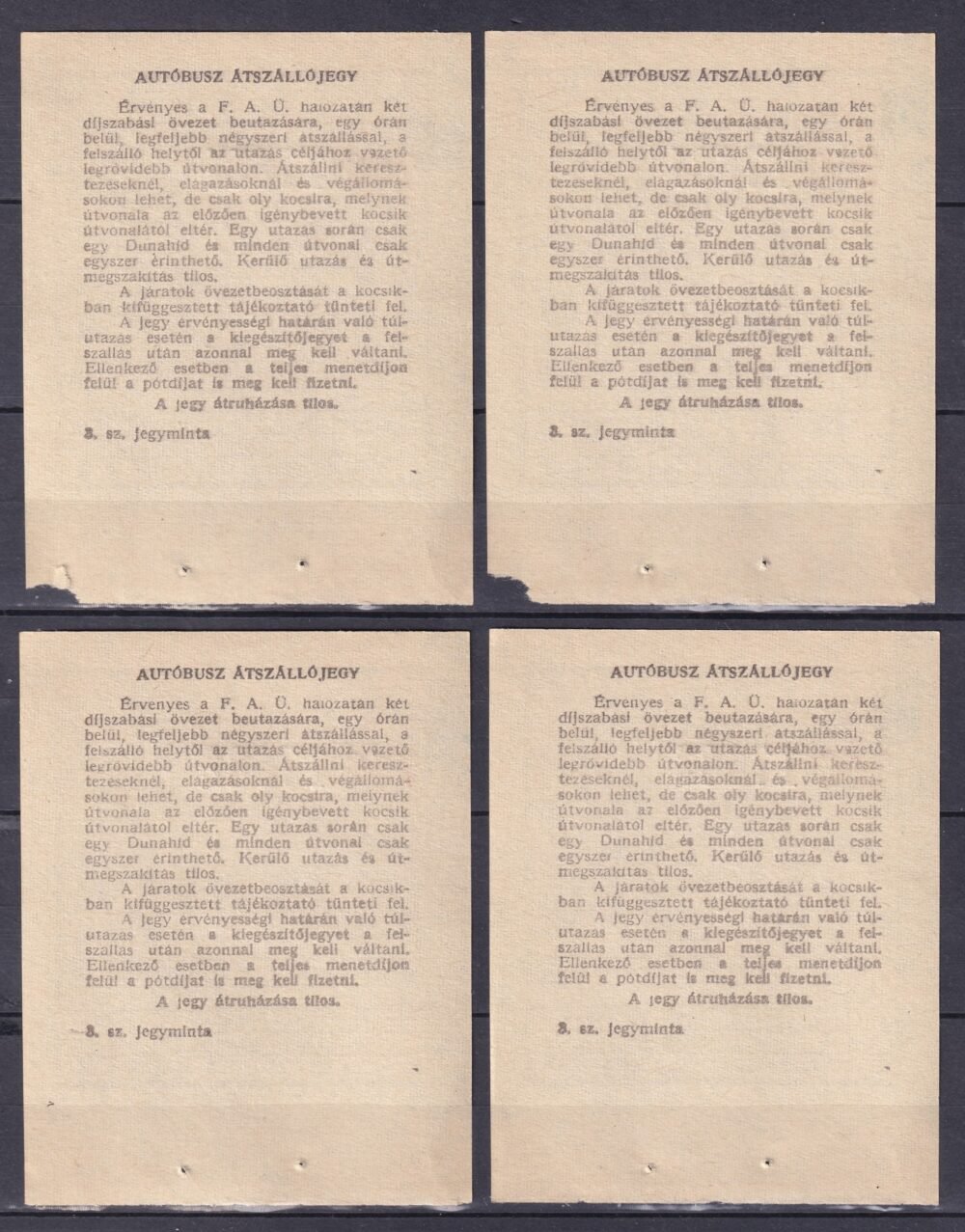 FAÜ - Autóbusz átszállójegy - 4 db használatlan sorszám követő