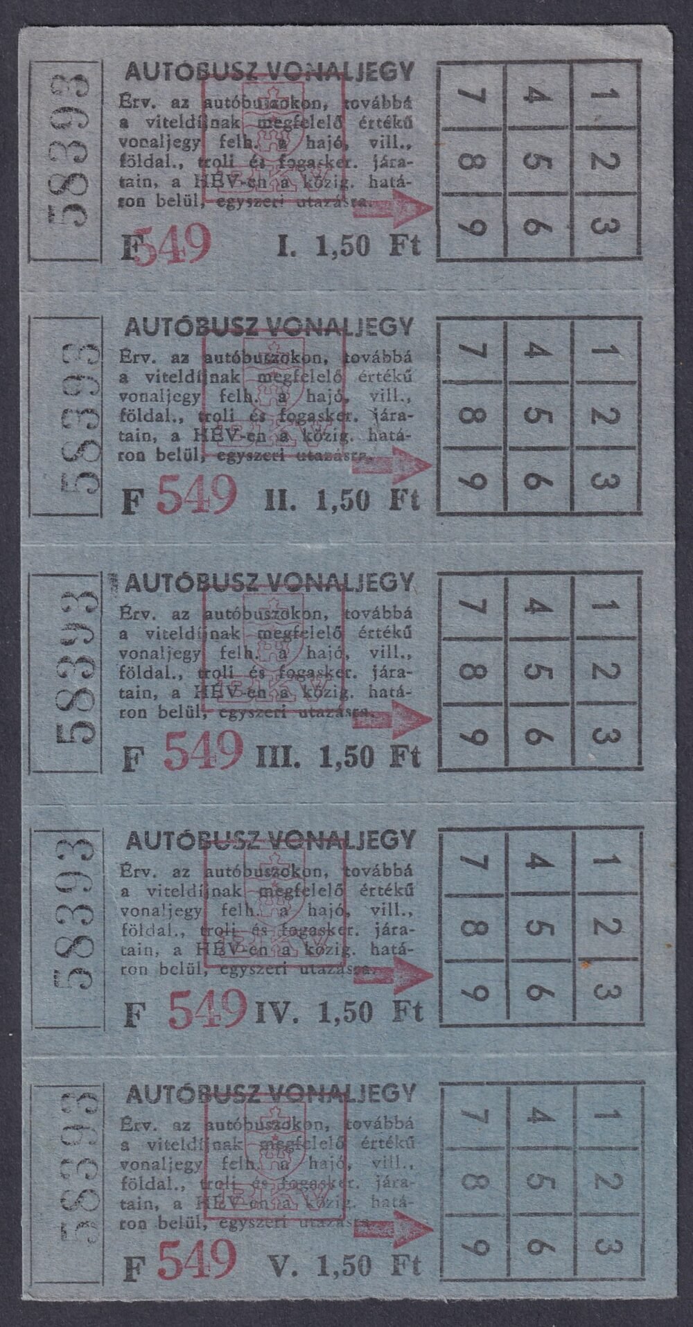 BKV - 1,50 Ft Autóbusz 5 db-os használatlan jegytömb