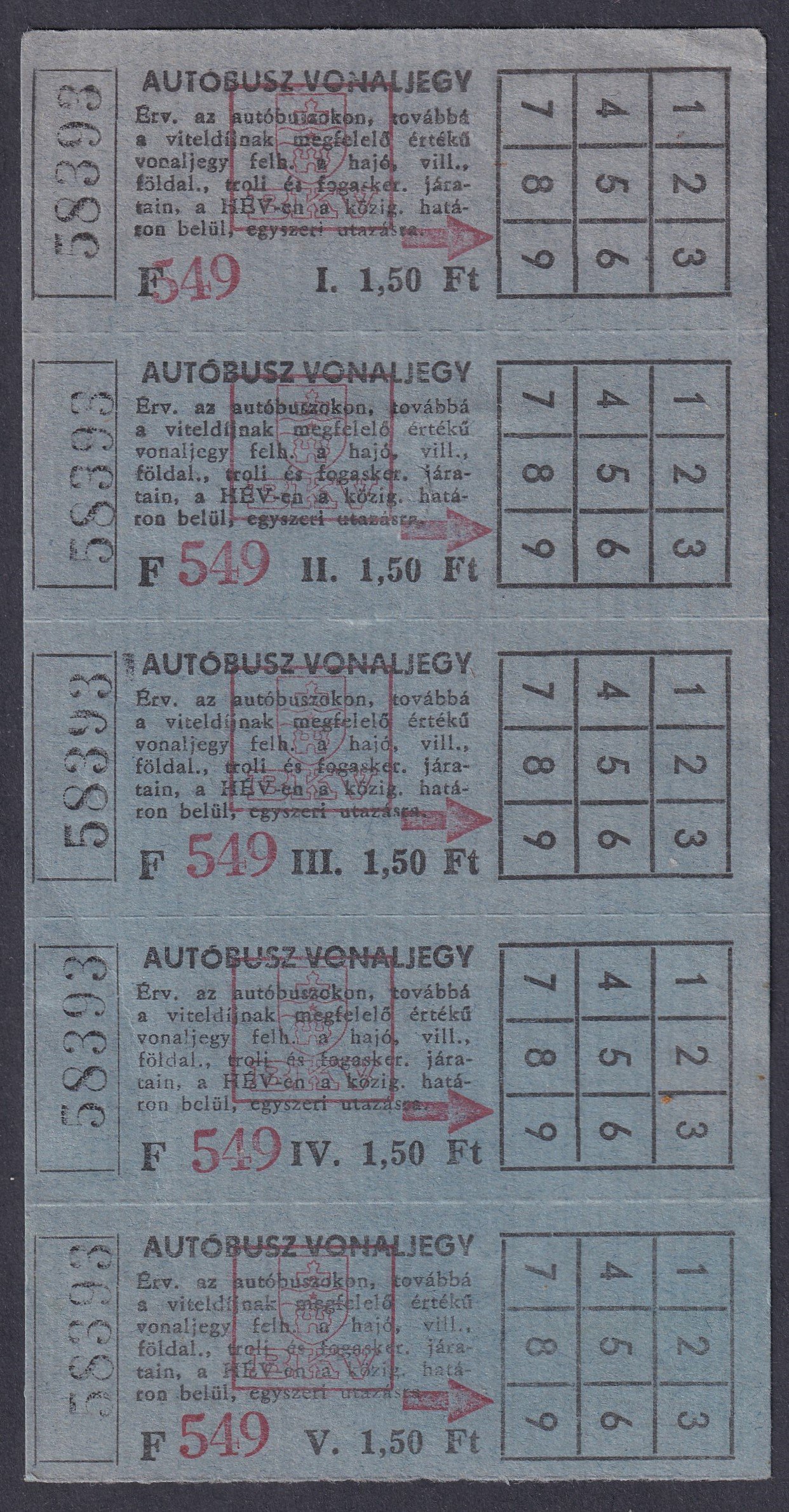 BKV - 1,50 Ft Autóbusz 5 db-os használatlan jegytömb