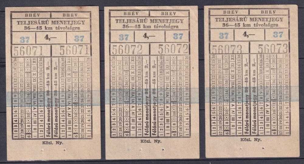 BHÉV - Teljesárú menetjegy  3 db használatlan sorszámkövető