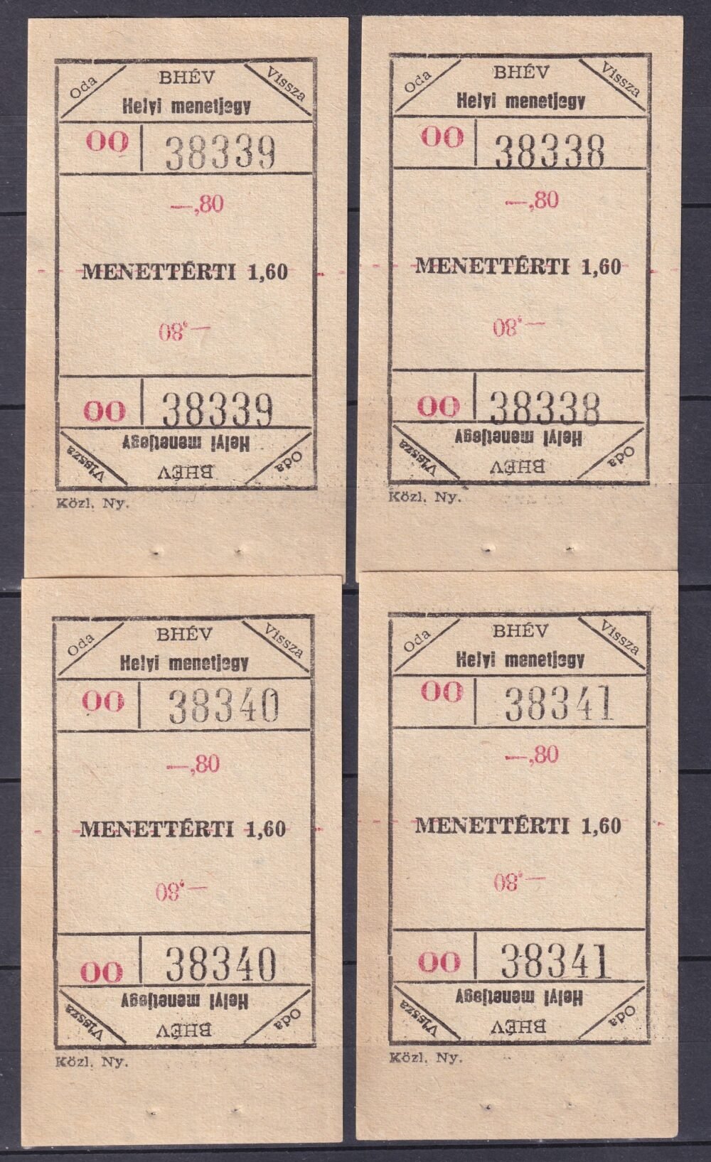 BHÉV – Helyi menetjegy 4 db használatlan sorszámkövető
