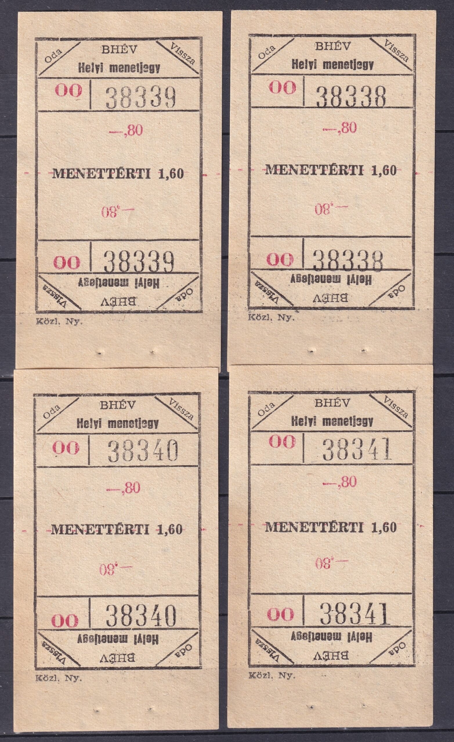 BHÉV – Helyi menetjegy 4 db használatlan sorszámkövető
