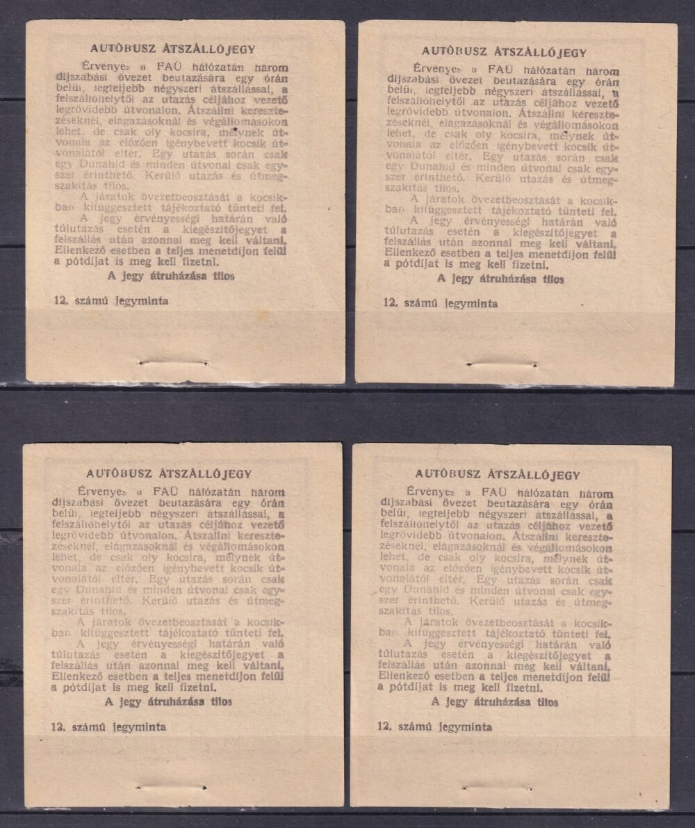 FAÜ Autóbusz átszállótjegy 4 db használatlan sorszámkövető
